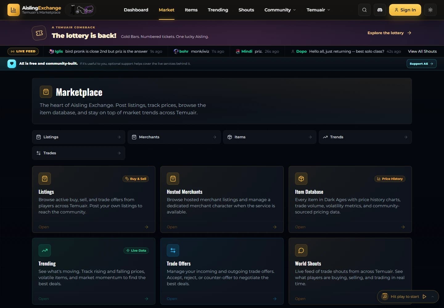 AislingExchange: public marketplace captured on desktop
