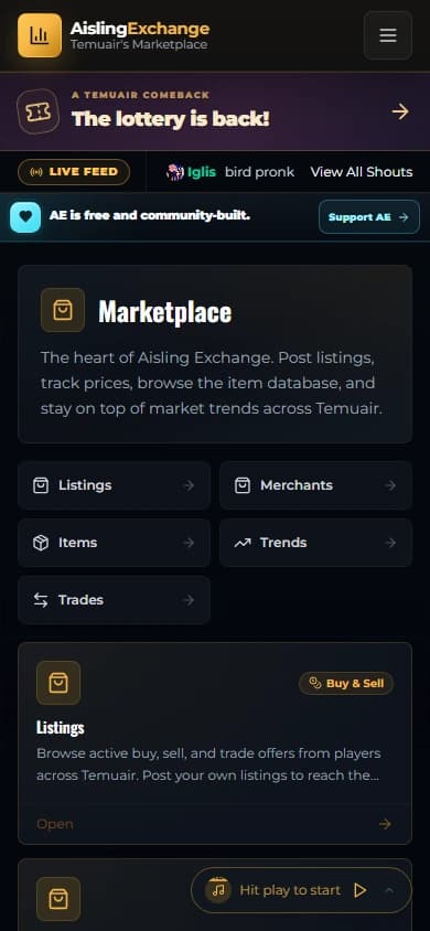 AislingExchange: public marketplace captured on mobile