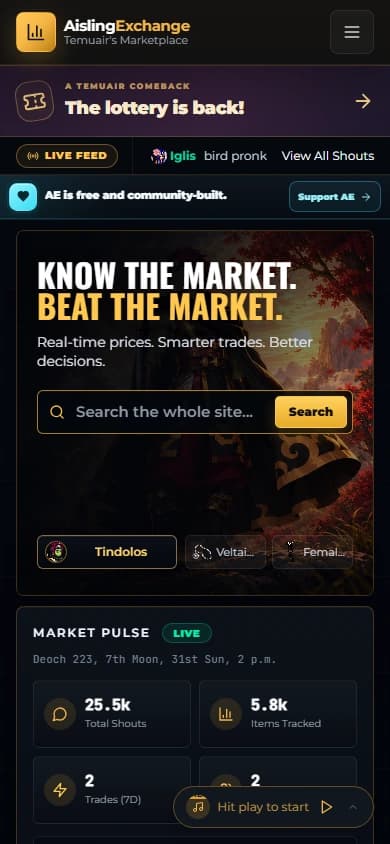 AislingExchange: marketplace dashboard captured on mobile