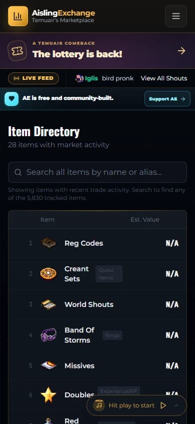 AislingExchange: item directory captured on mobile