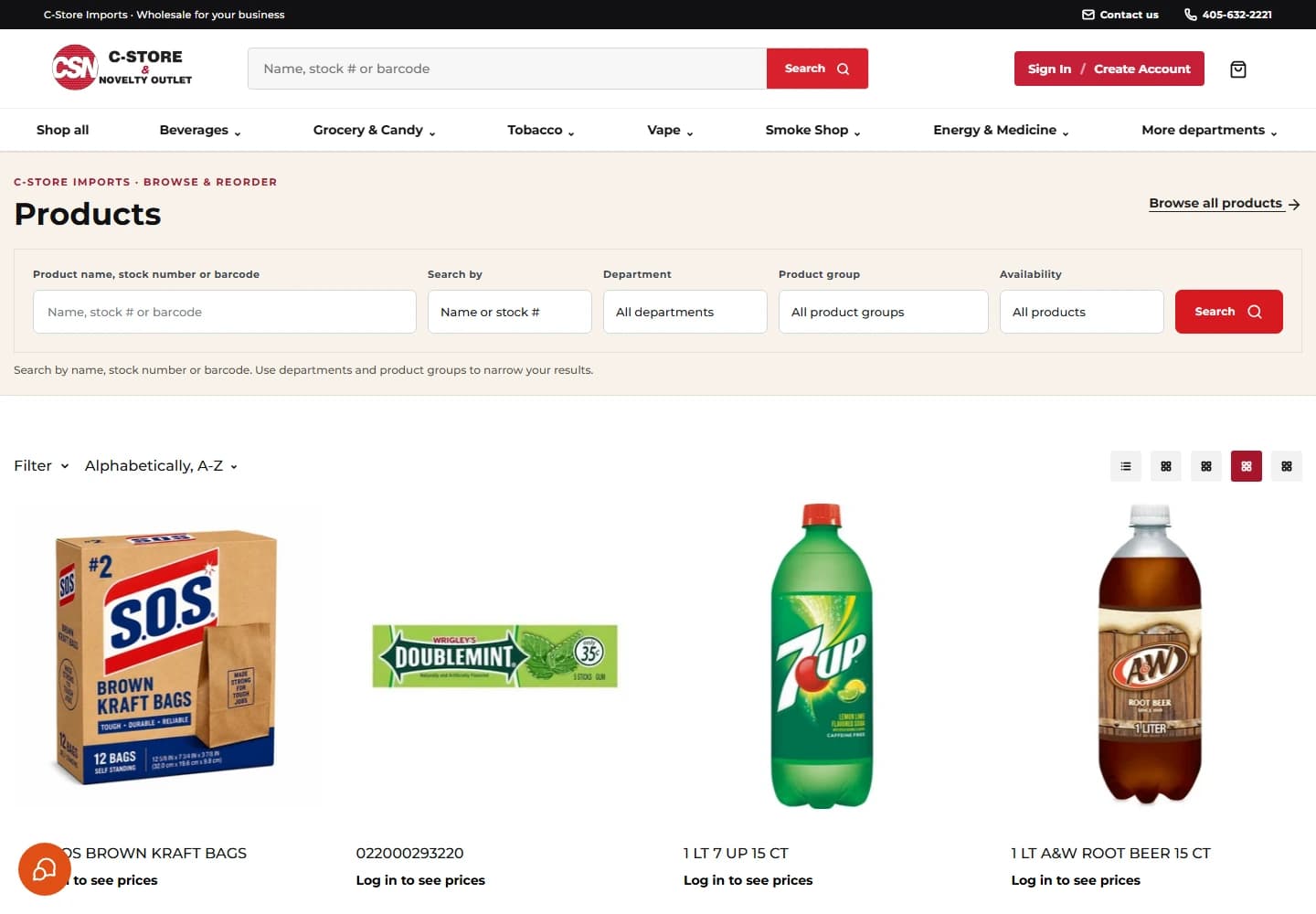C-Store Imports wholesale catalog with product search and department filters