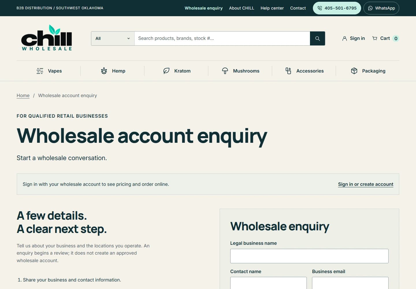 Chill Wholesale: wholesale account inquiry captured on desktop