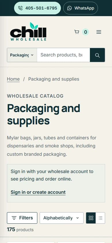 Chill Wholesale: packaging catalog captured on mobile