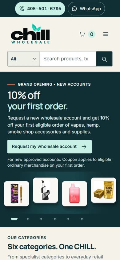 Chill Wholesale: homepage captured on mobile