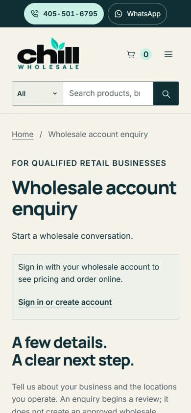 Chill Wholesale: wholesale account inquiry captured on mobile