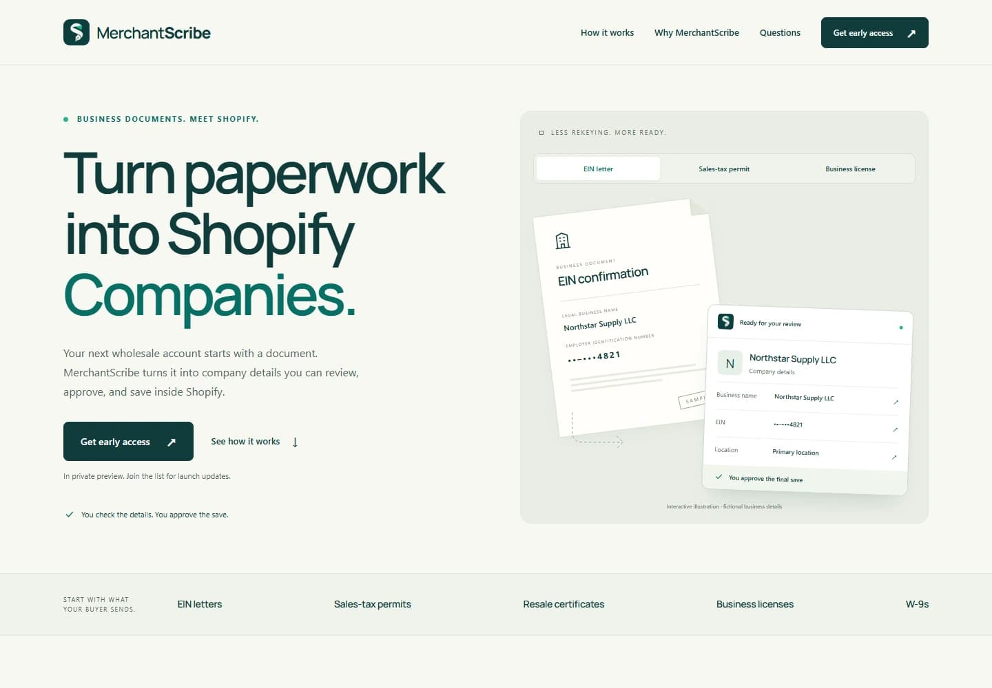 MerchantScribe website first fold with its product introduction and document-to-company workflow