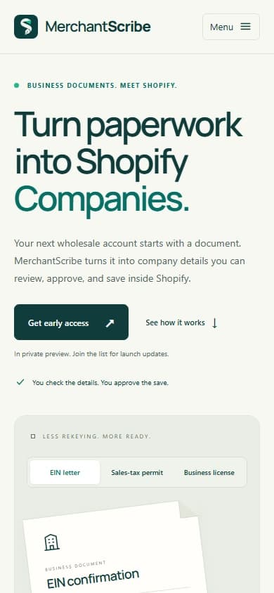MerchantScribe: product website captured on mobile