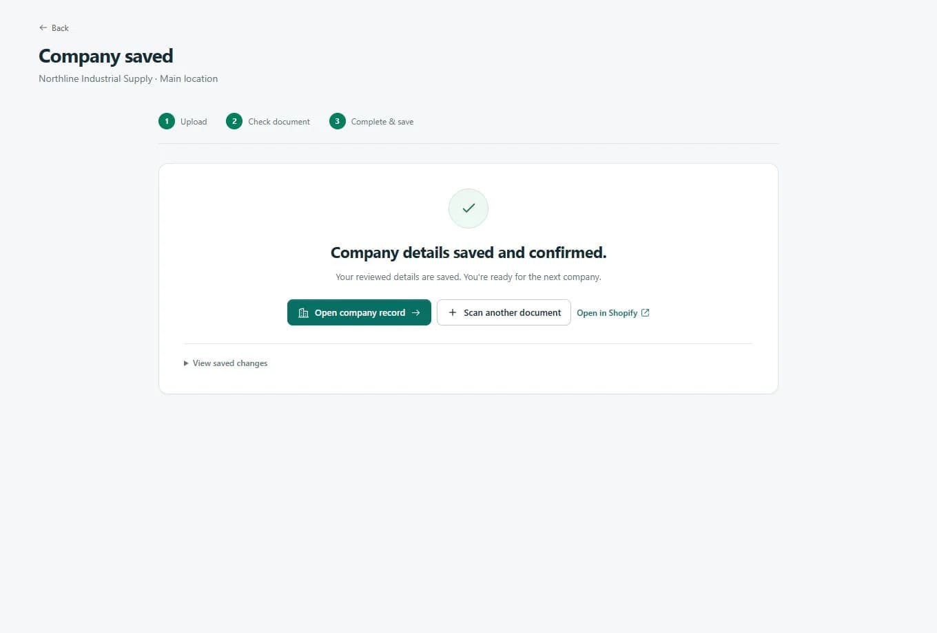 MerchantScribe app: saved company record using demonstration data