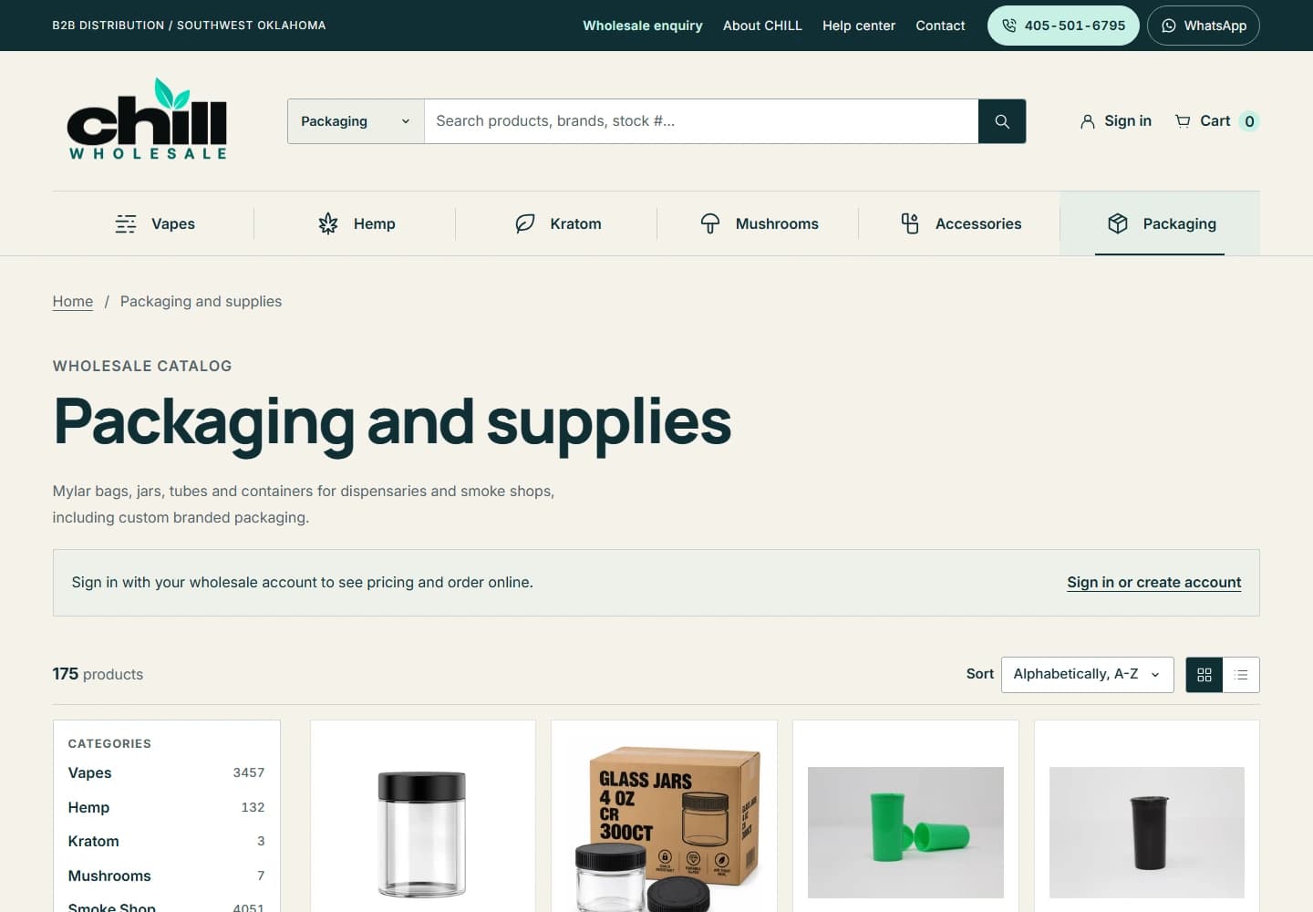 Chill Wholesale product catalog with packaging categories and product browsing