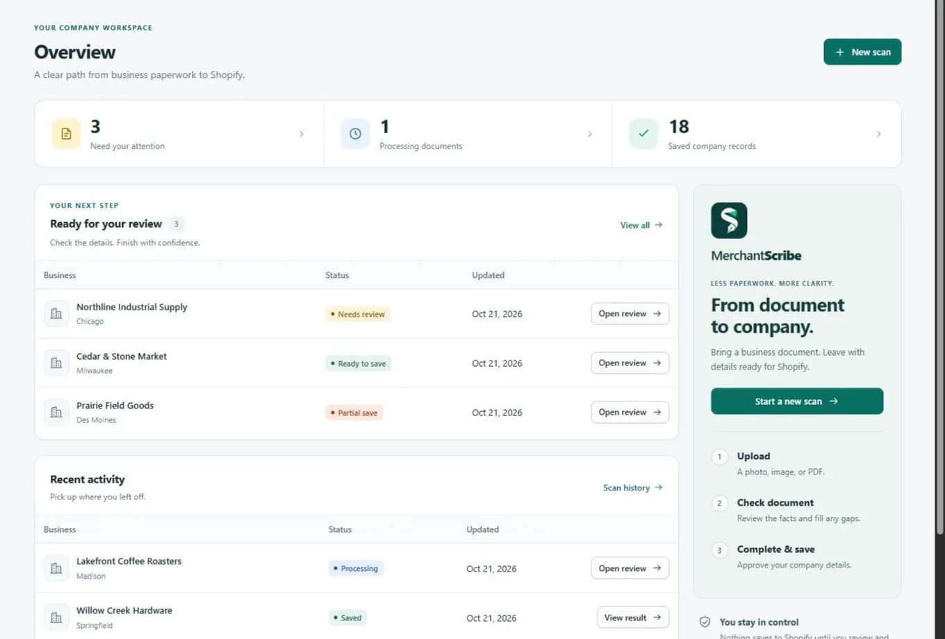 MerchantScribe app: review workspace using demonstration data
